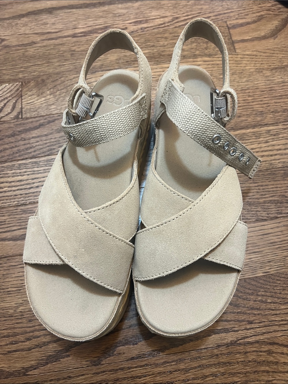 UGG Aubrey Tan Suede Platform Espadrille Sandals with Braided Midsole. - Picture 3 of 8